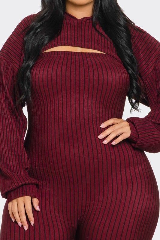 Plus Size Striped Hoodie Shrug and Jumpsuit Set