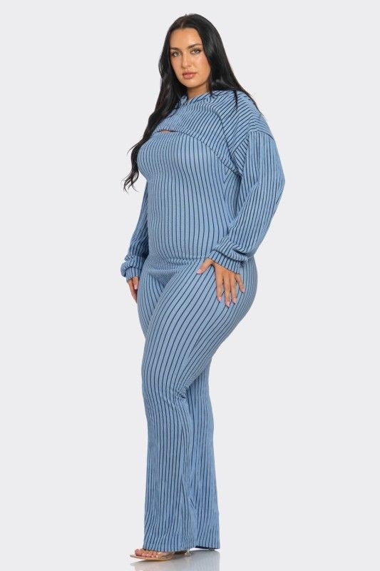 Plus Size Striped Hoodie Shrug and Jumpsuit Set