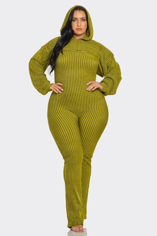 Plus Size Striped Hoodie Shrug and Jumpsuit Set