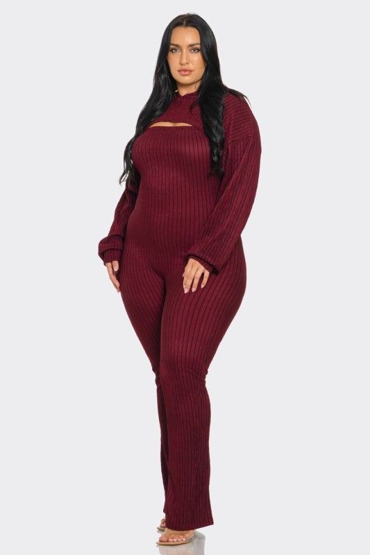 Plus Size Striped Hoodie Shrug and Jumpsuit Set