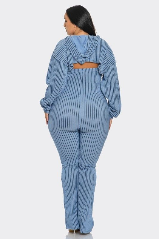 Plus Size Striped Hoodie Shrug and Jumpsuit Set