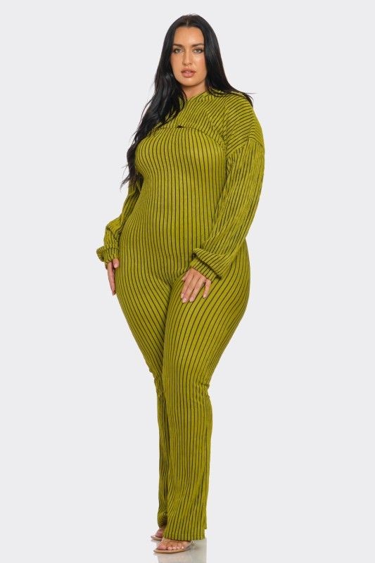 Plus Size Striped Hoodie Shrug and Jumpsuit Set