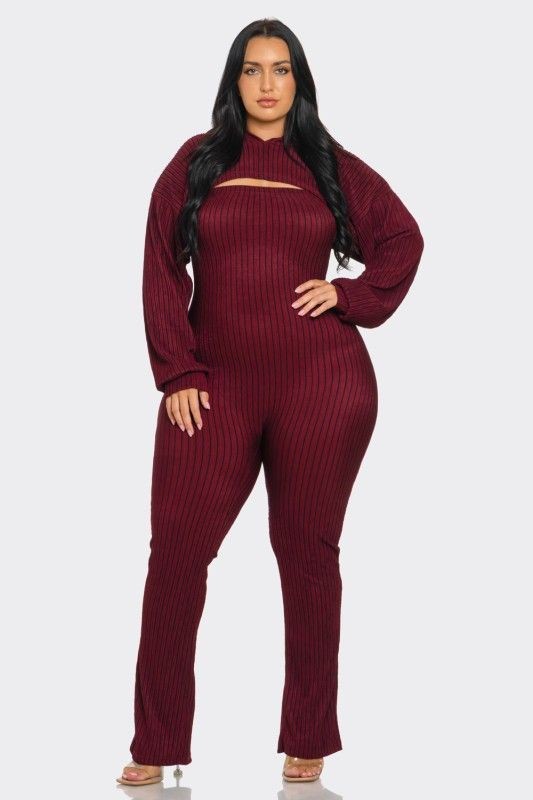 Plus Size Striped Hoodie Shrug and Jumpsuit Set