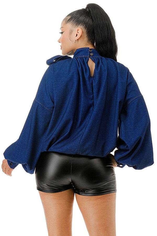 Bubble Hem Denim Blouse Top