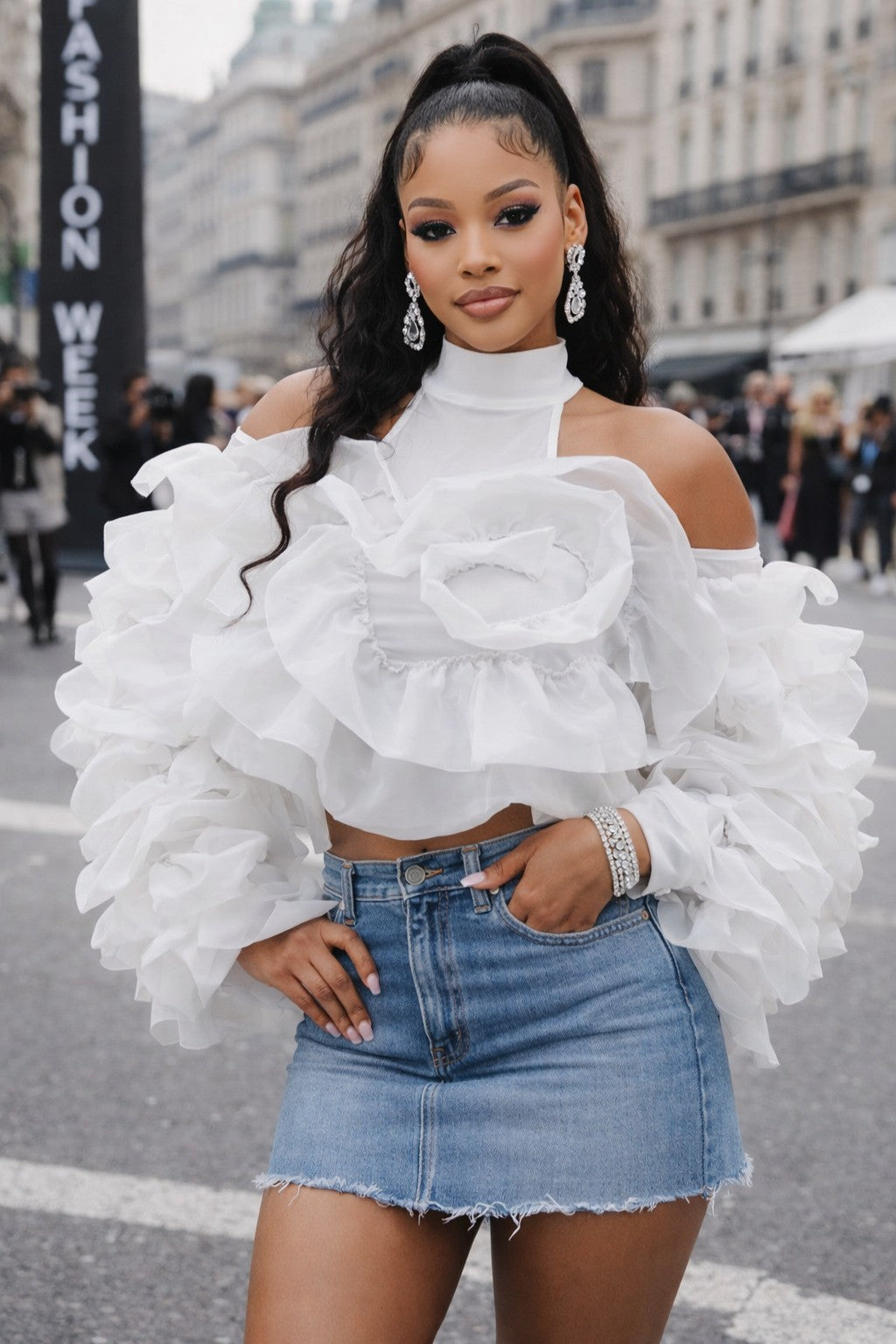 Plus Size Cold Shoulder Ruffles Crop Blouse Top