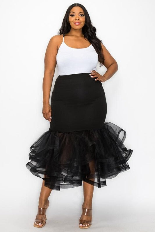 Plus Size Black Solid Tiered Layers Midi Mermaid Skirt