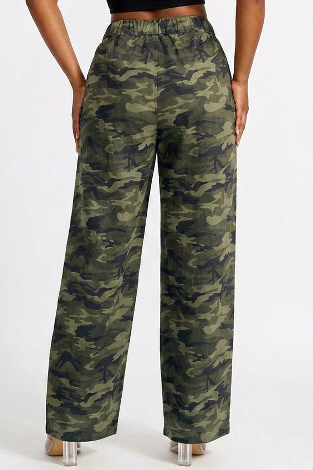 Camo Wide-leg Diagonal Ruffle Detail Pants