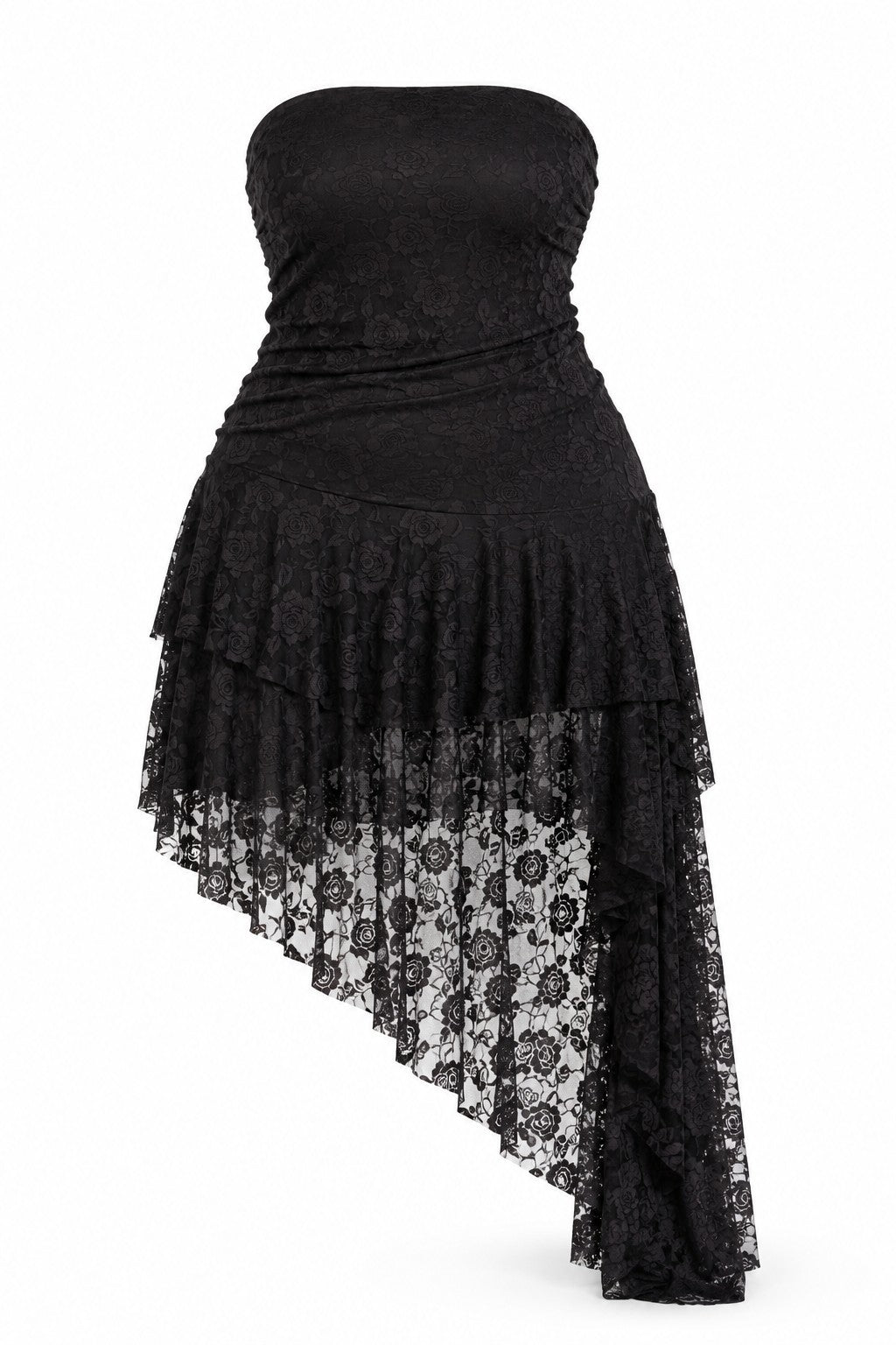 Plus Size Tube Lace Asymmetrical Tiered Ruffle Hem Midi Dress