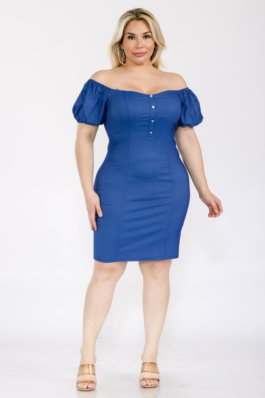 Plus Size Denim Chambray Off Shoulder Puff Sleeve Midi Dress