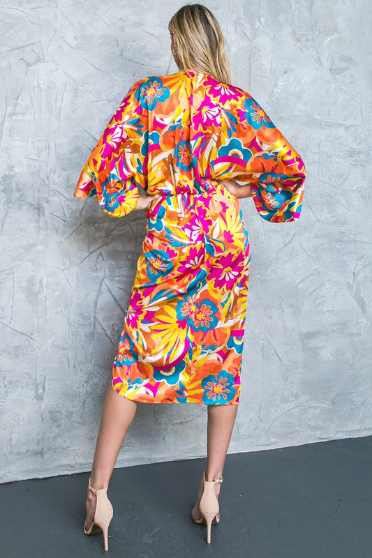 Women's Printed Satin V-neck Midi Dress