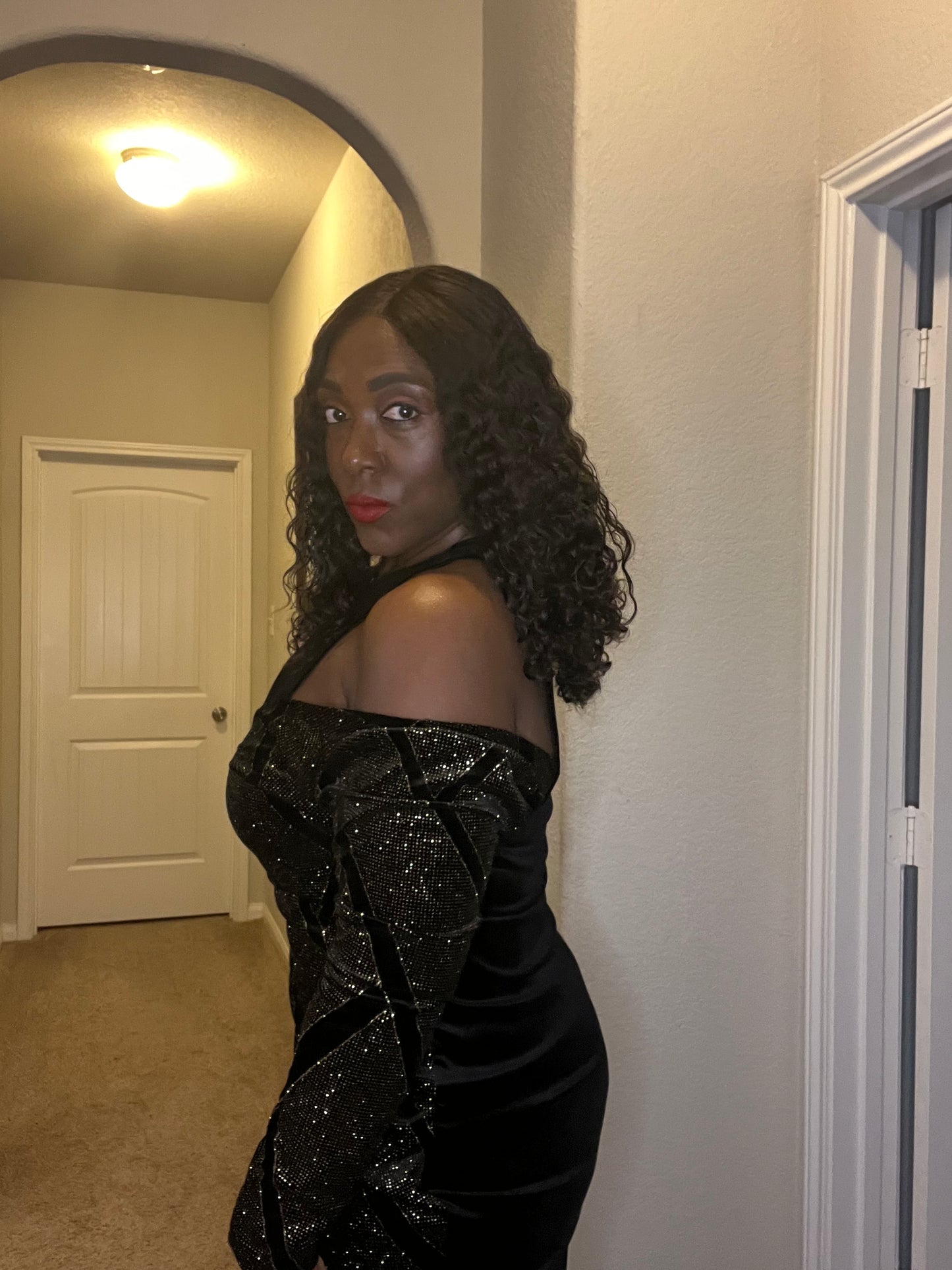 Plus Size Gold Glitter Contrast One Shoulder Tulip Midi Dress