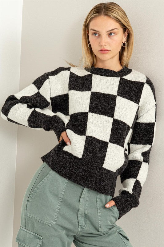 Women's Weekend Chills Checkered Long Sleeve Sweater