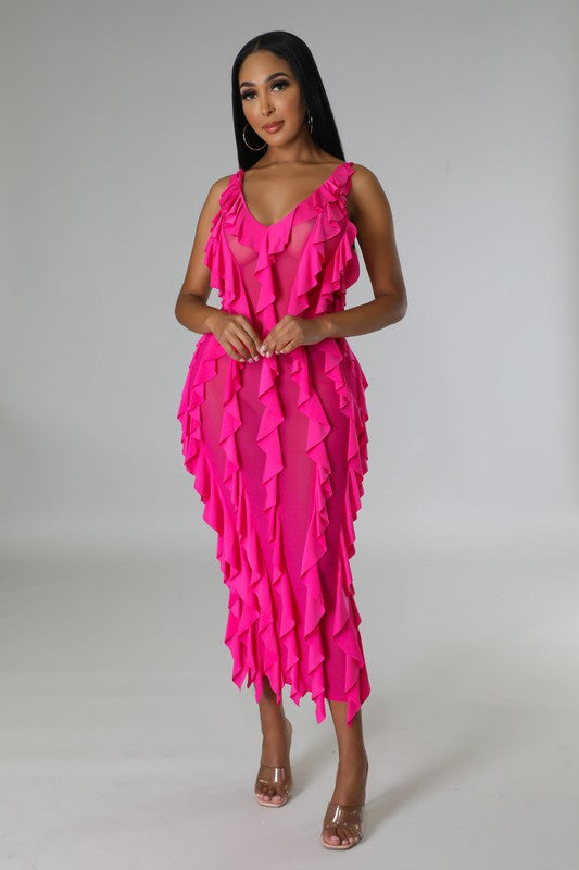 Women's Sexy Ruffles Stretch Midi Dress