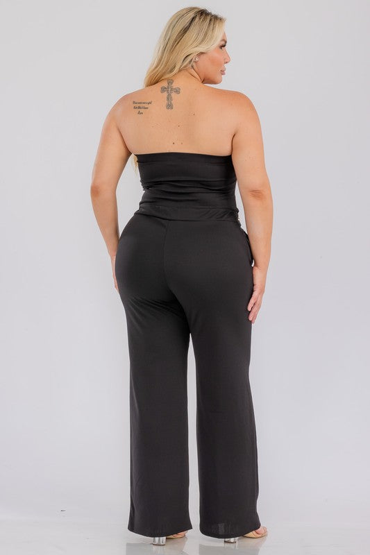Plus Size Crop Tube Top and Wide Leg Button Detail Pants Set