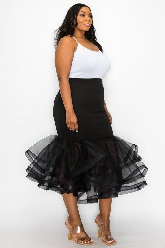 Plus Size Black Solid Tiered Layers Midi Mermaid Skirt