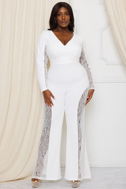 Plus Size Long Sleeve Paneled Flare Leg Jumpsuit