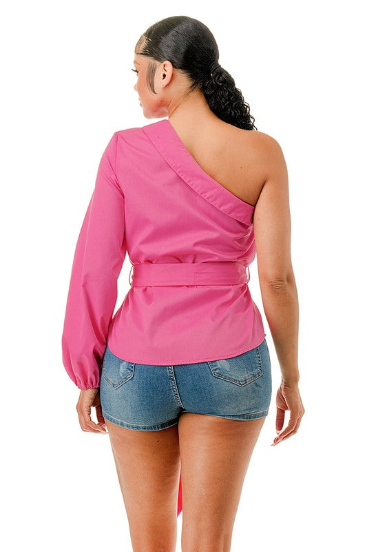 Tie Waist One Shoulder Long Sleeve Shirt Top