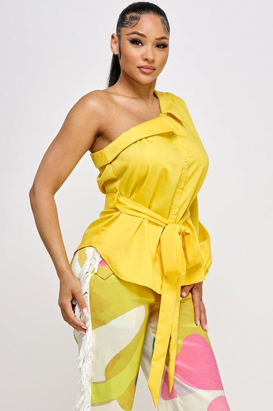 Tie Waist One Shoulder Long Sleeve Shirt Top