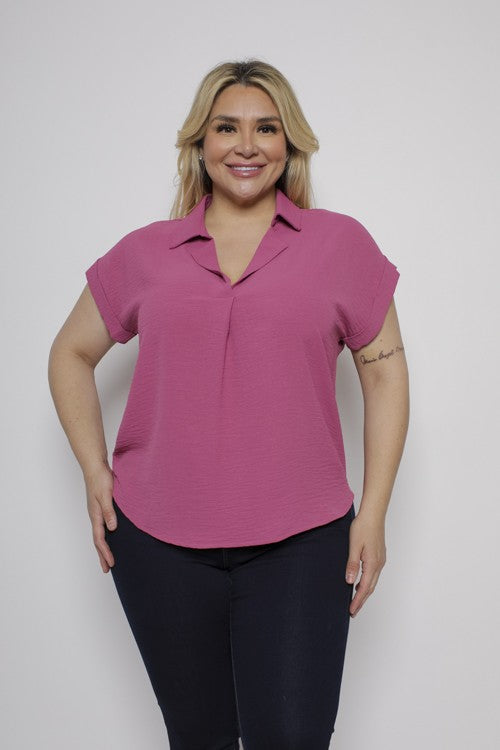 Women's Short Sleeve Pleated Collared Blouse