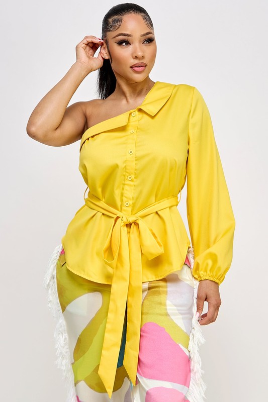 Tie Waist One Shoulder Long Sleeve Shirt Top
