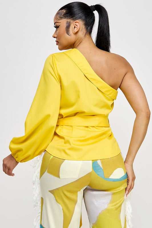 Tie Waist One Shoulder Long Sleeve Shirt Top