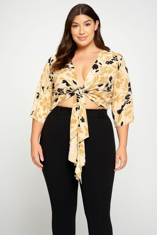 Plus Size Floral Tie Front Crop Blouse