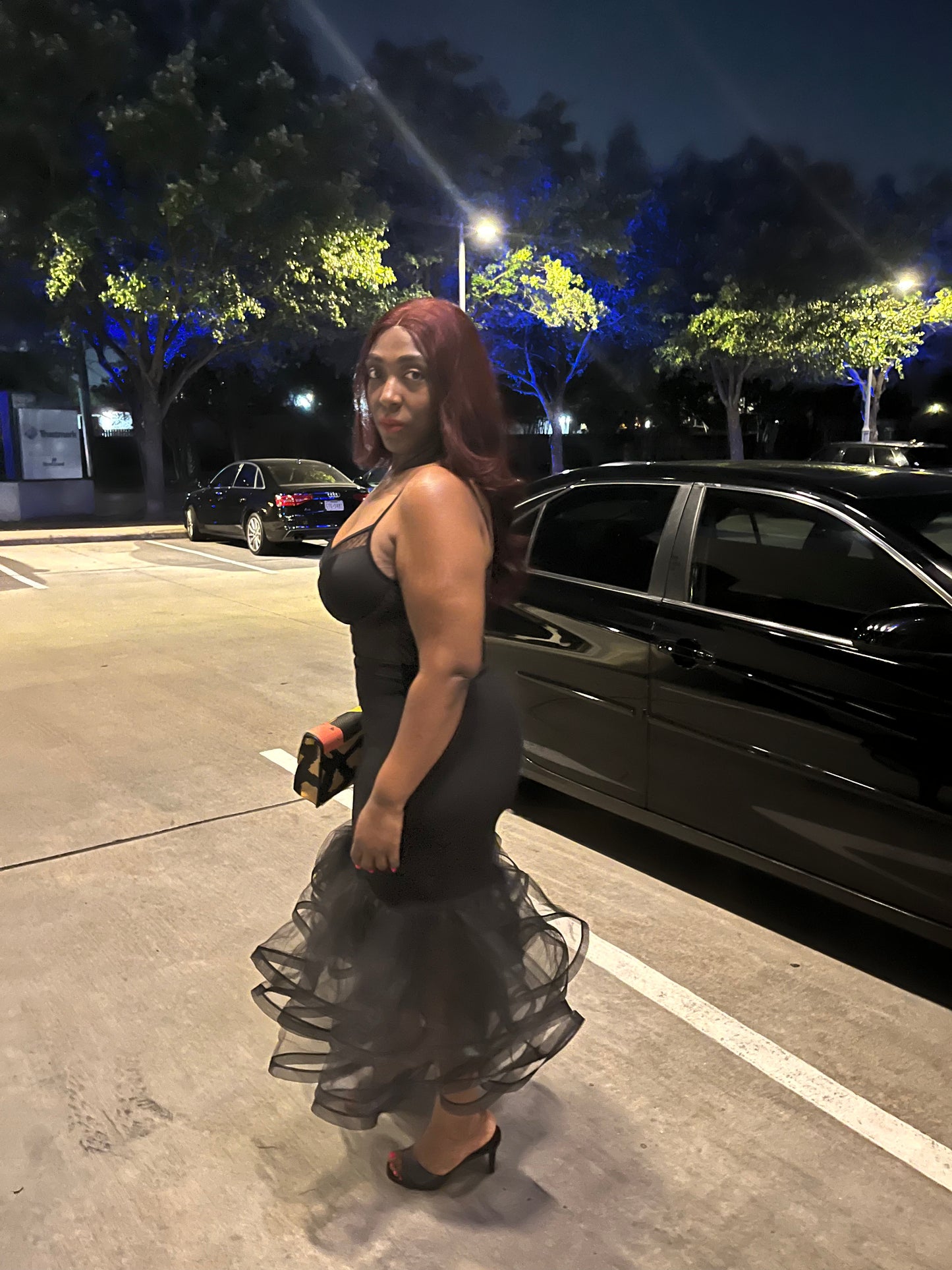 Plus Size Black Solid Tiered Layers Midi Mermaid Skirt