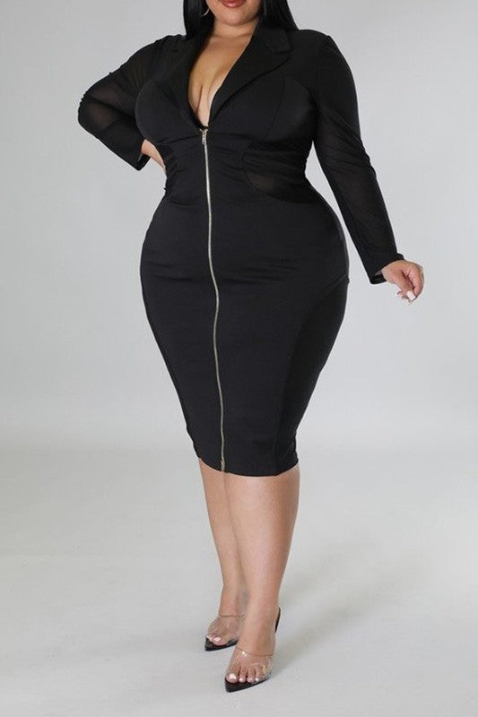 Sheer Zipper Closure Stretch Midi Dress