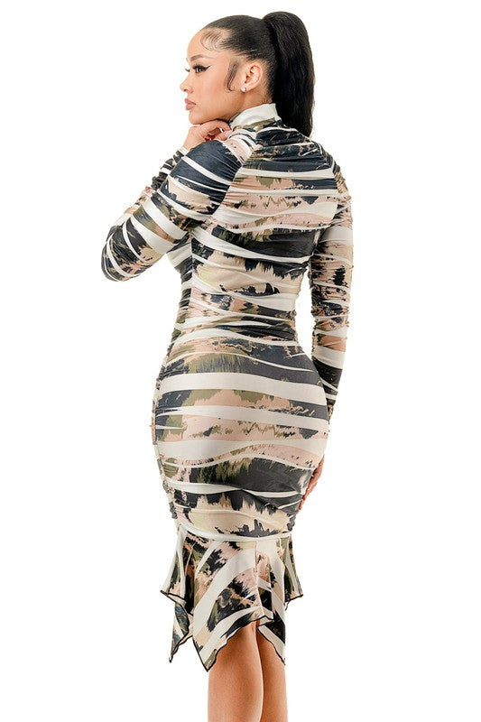 Mock Neck Long Sleeve Ruffle Hem Stretch Tulle Dress