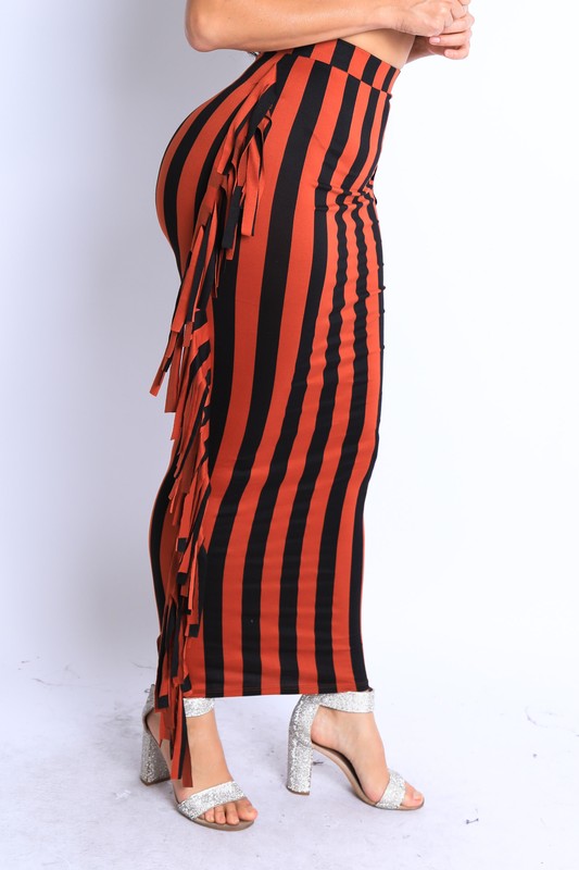 Vertical stripe printed fringed maxi skirt