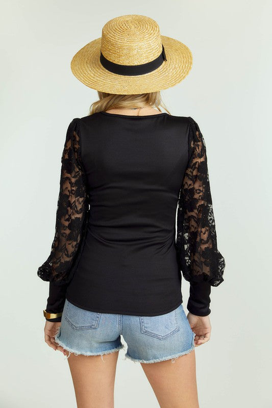 Women's Crew neck Lace Splicing Puff Sleeve Top
