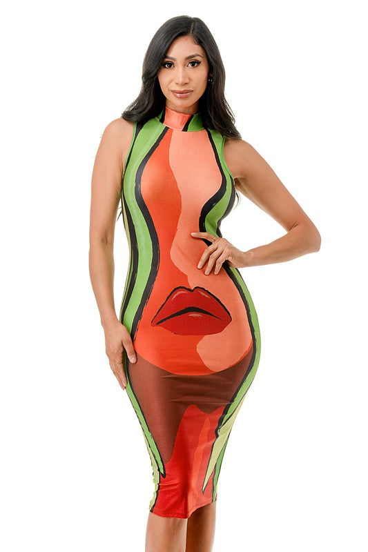 Lip Grapic Multi Print Sleeveless Mock Neck Midi Dress