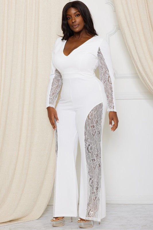 Plus Size Long Sleeve Paneled Flare Leg Jumpsuit