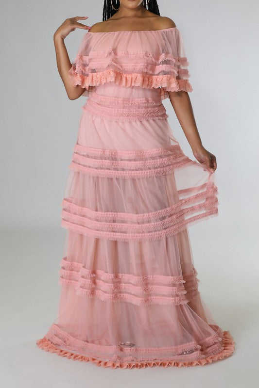 Off Shoulder Sheer detail Non-stretch Maxi Dress