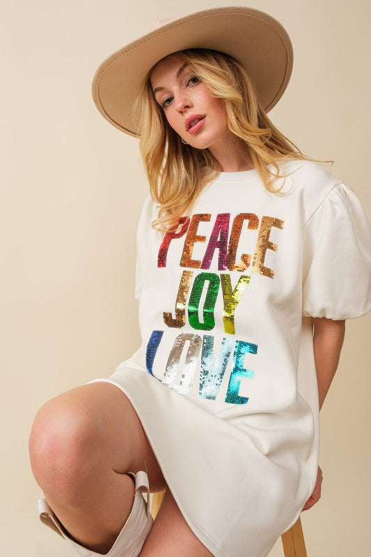 Peach Joy Love Sequin Wording Fleece Dress
