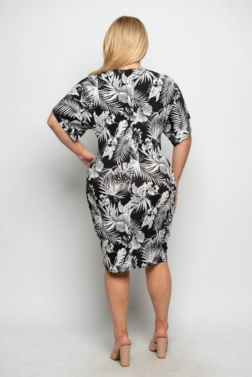 Plus Size Tropical Print Twist Midi Dress