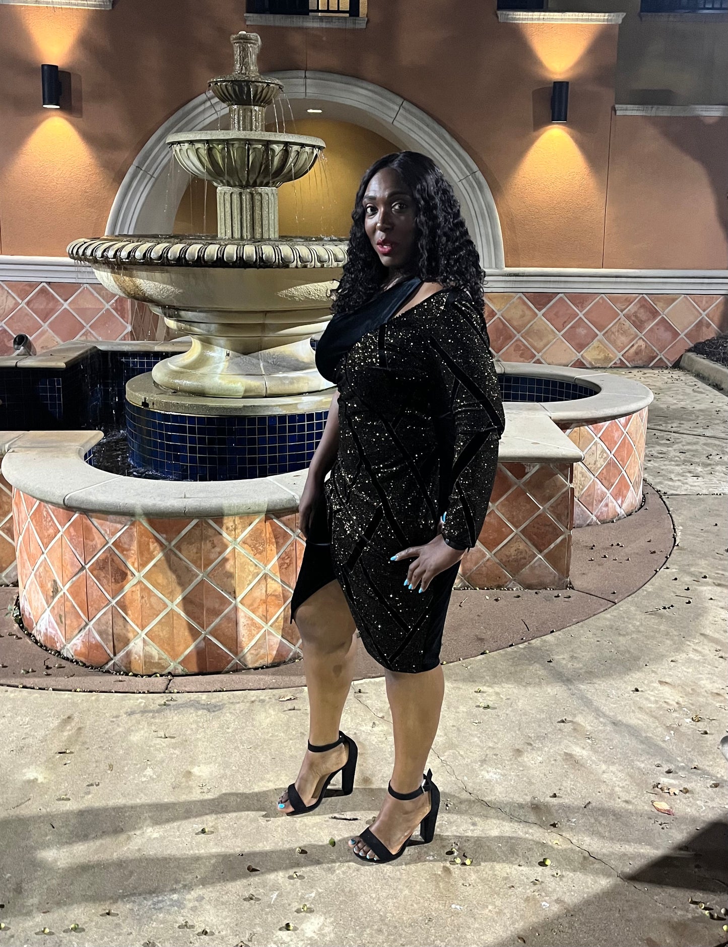 Plus Size Gold Glitter Contrast One Shoulder Tulip Midi Dress