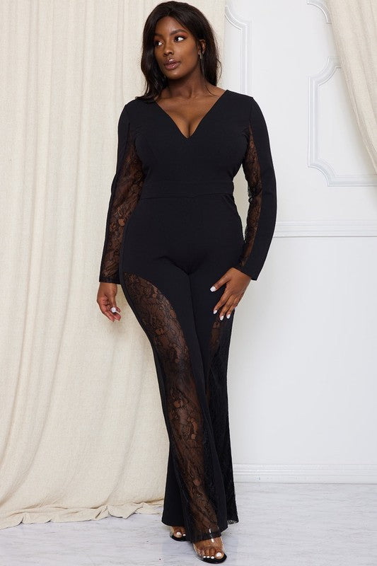 Plus Size Long Sleeve Paneled Flare Leg Jumpsuit
