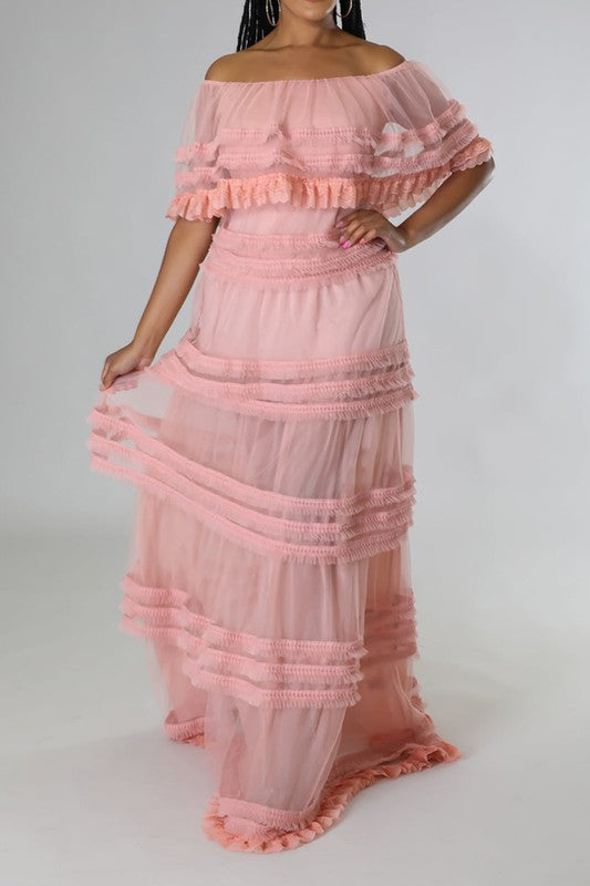 Off Shoulder Sheer detail Non-stretch Maxi Dress