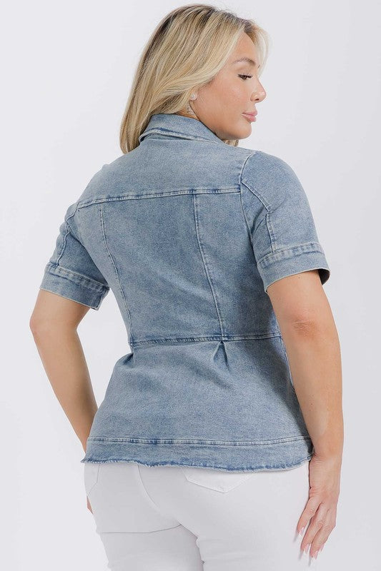 Plus Size Denim Collared Button Down Peplum Shirt