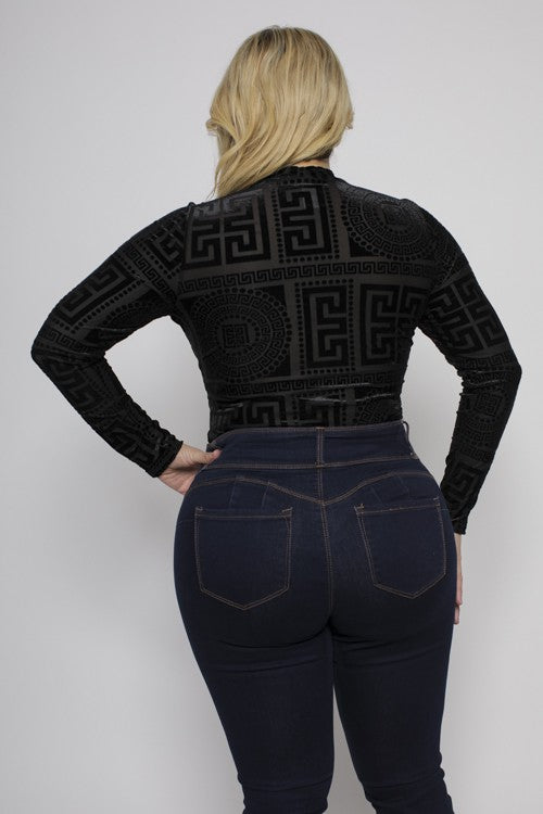 Plus Size Greek Key Burnout Velvet Mock Neck Bodysuit