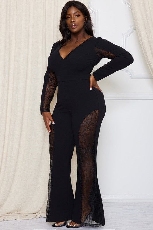 Plus Size Long Sleeve Paneled Flare Leg Jumpsuit