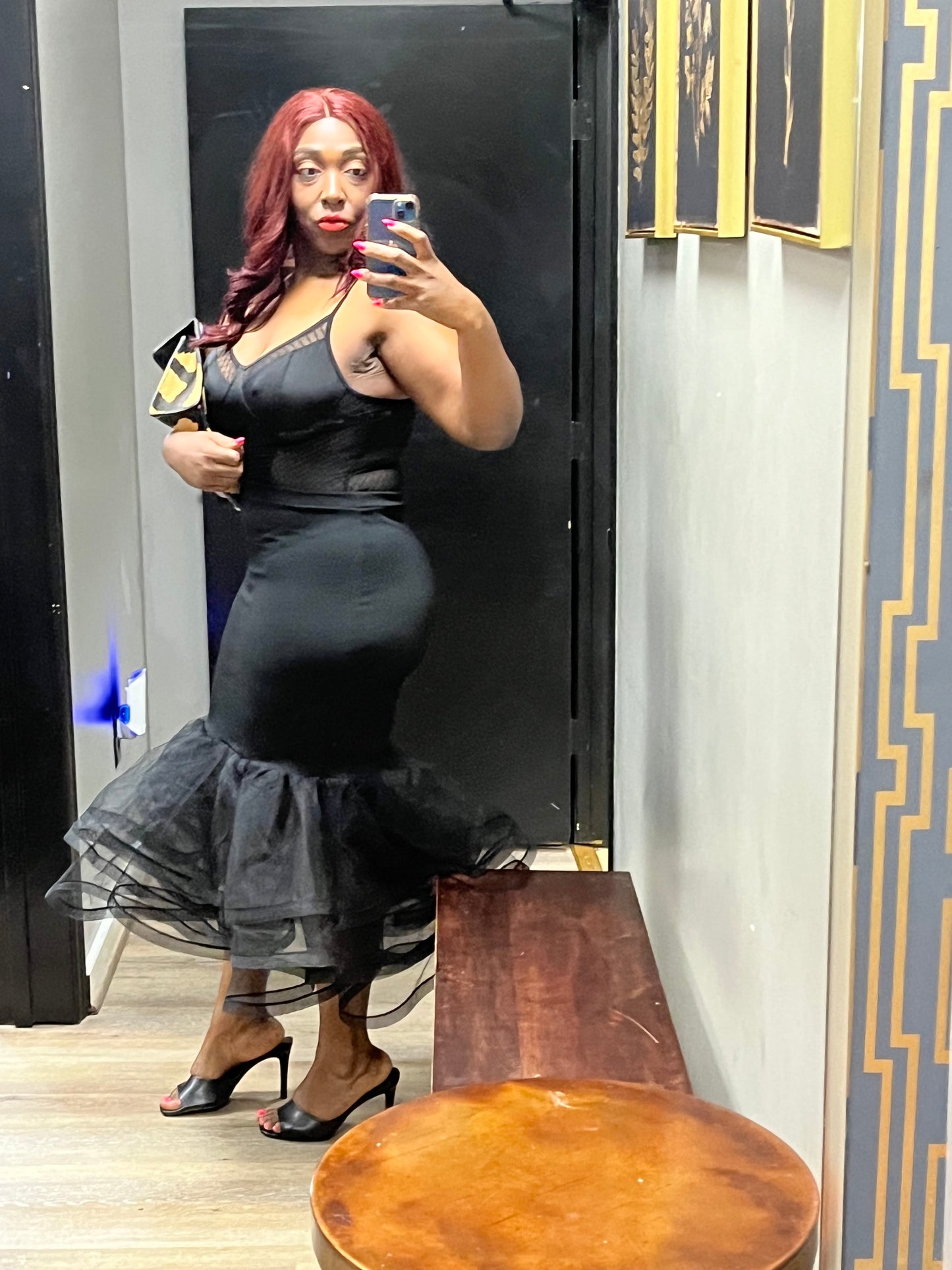 Plus Size Black Solid Tiered Layers Midi Mermaid Skirt