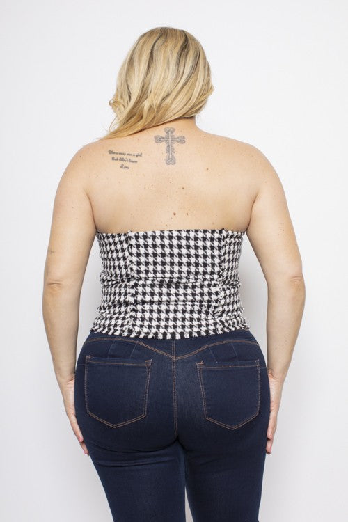 Plus Size Tweed Houndstooth Button Down Fitted Corset Top