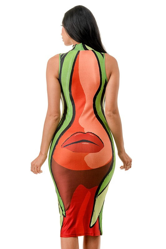 Lip Grapic Multi Print Sleeveless Mock Neck Midi Dress