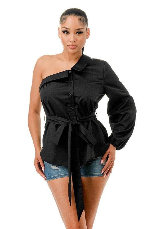 Tie Waist One Shoulder Long Sleeve Shirt Top