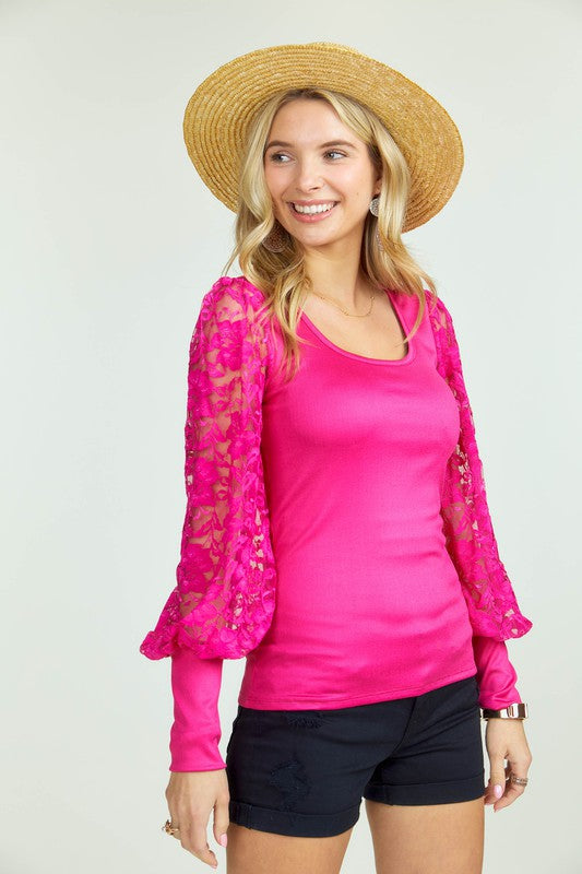 Women's Crew neck Lace Splicing Puff Sleeve Top