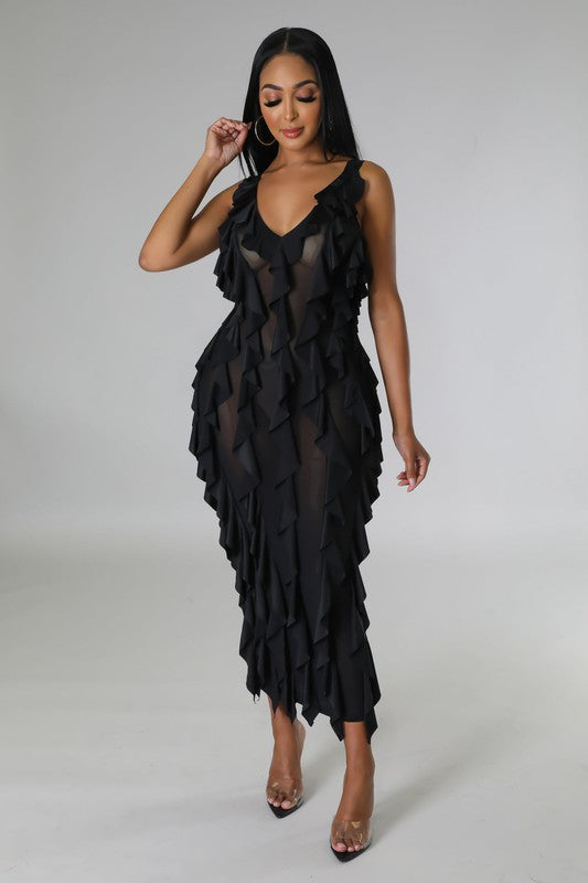 Women's Sexy Ruffles Stretch Midi Dress