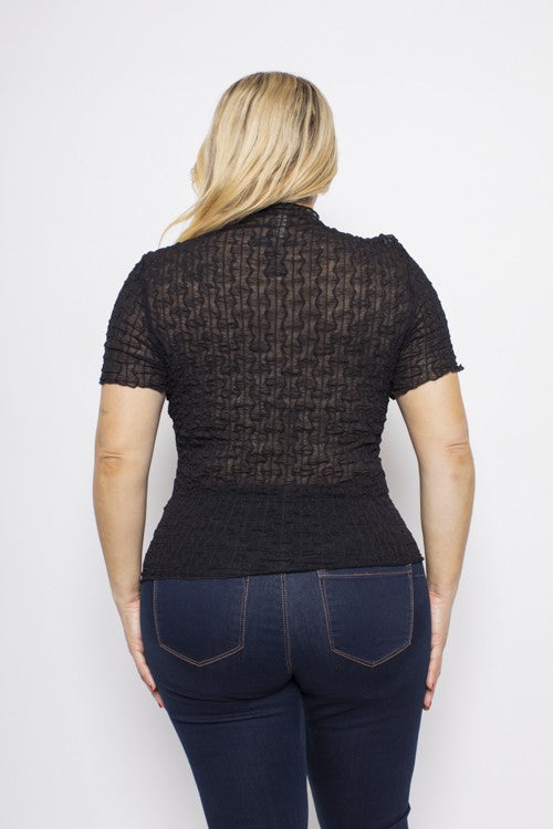 Plus Size Textured Mesh Short Sleeve Lettuce Trim Top