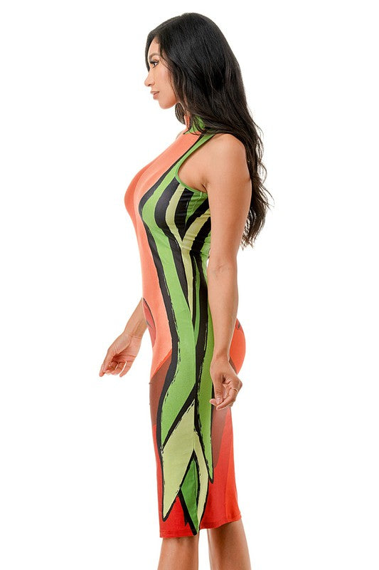 Lip Grapic Multi Print Sleeveless Mock Neck Midi Dress